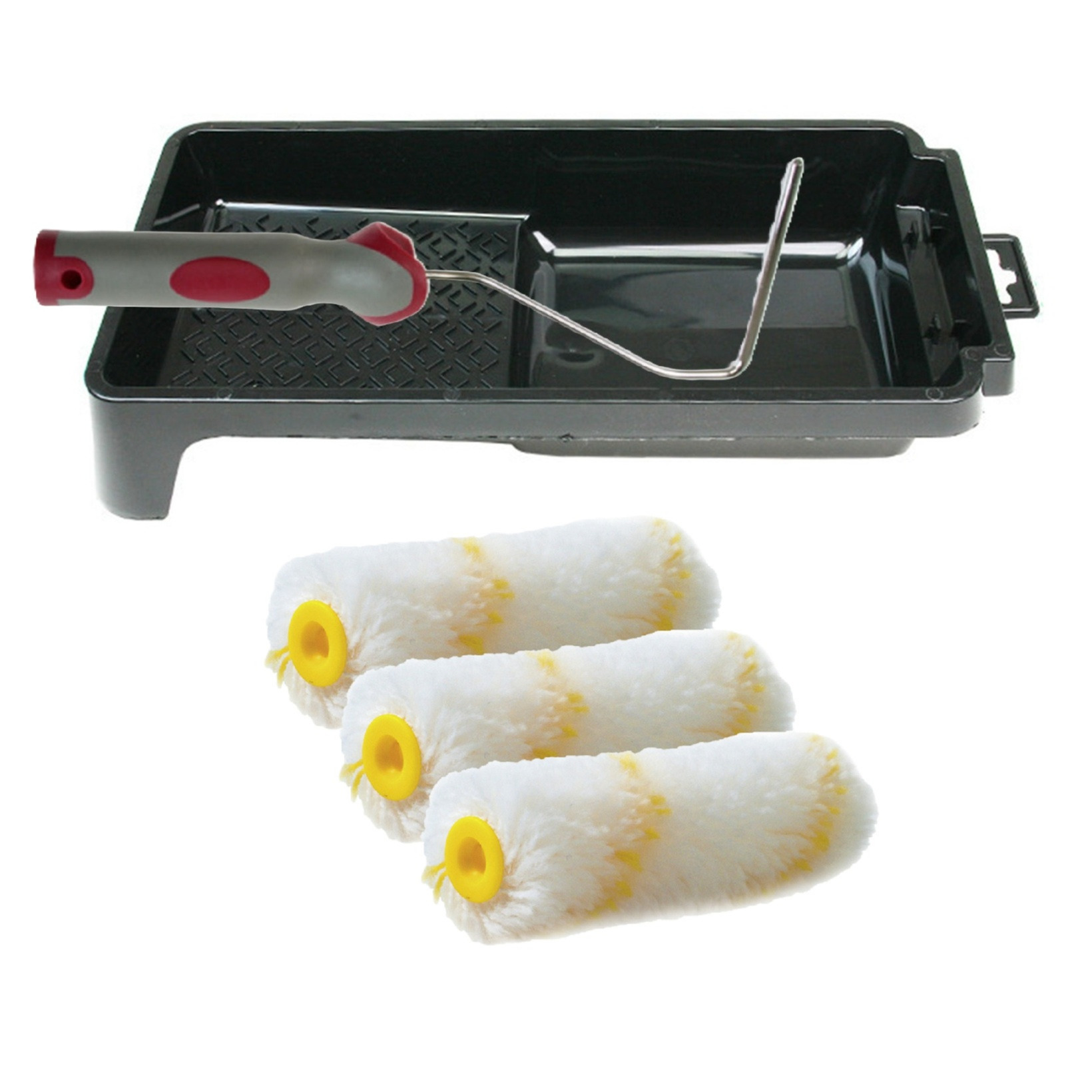 Veba Verfrollers schilderen set - beugel en verfbak - 3x anti spat vacht verfrollers - 10 cm -