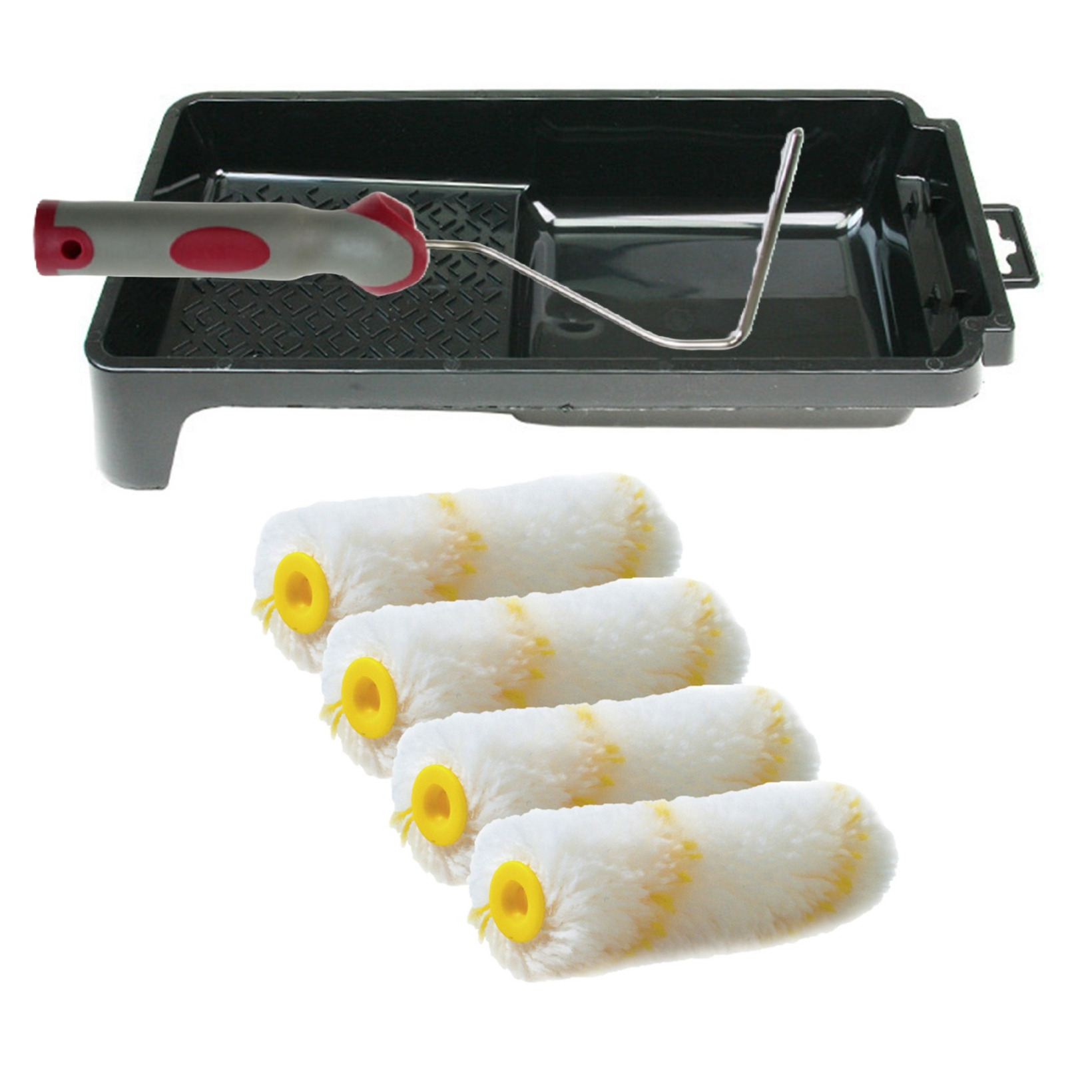 Veba Verfrollers schilderen set - beugel en verfbak - 4x anti spat vacht verfrollers - 10 cm -