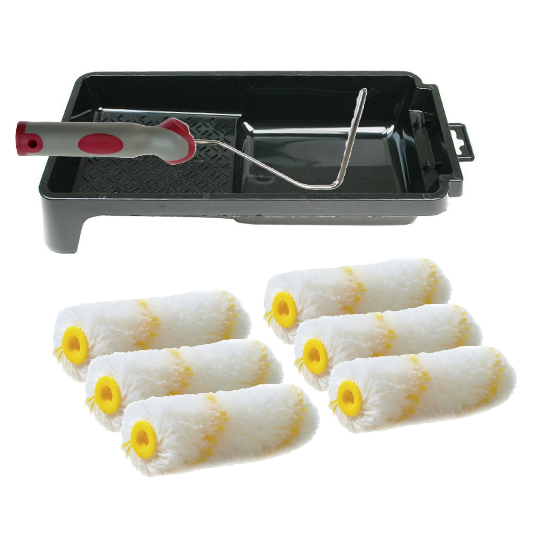 Veba Verfrollers schilderen set - beugel en verfbak - 6x anti spat vacht verfrollers - 10 cm -