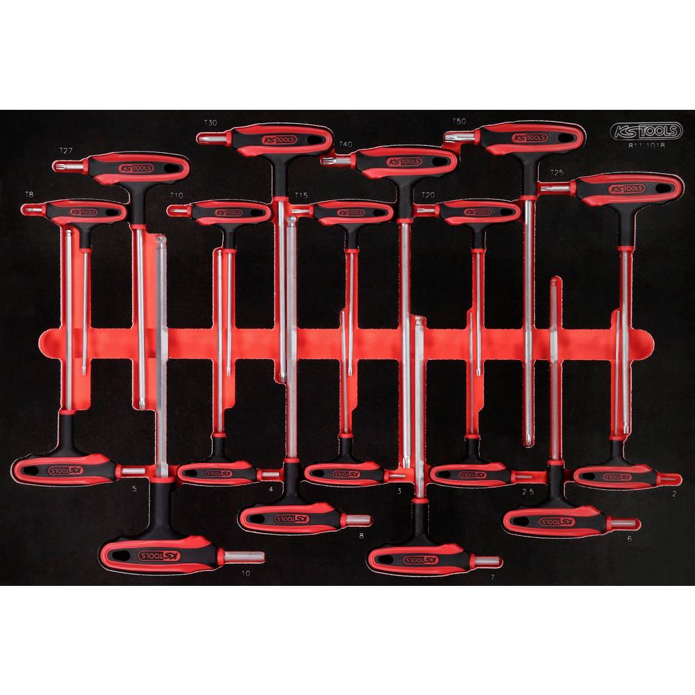 KS Tools 811.1018 Haakse schroevendraaierset 2 mm, 2.5 mm, 3 mm, 4 mm, 5 mm, 6 mm, 7 mm, 8 mm, 10 mm T 8, T 10, T 15, T 20, T 25, T 27, T 30, T 40, T 50