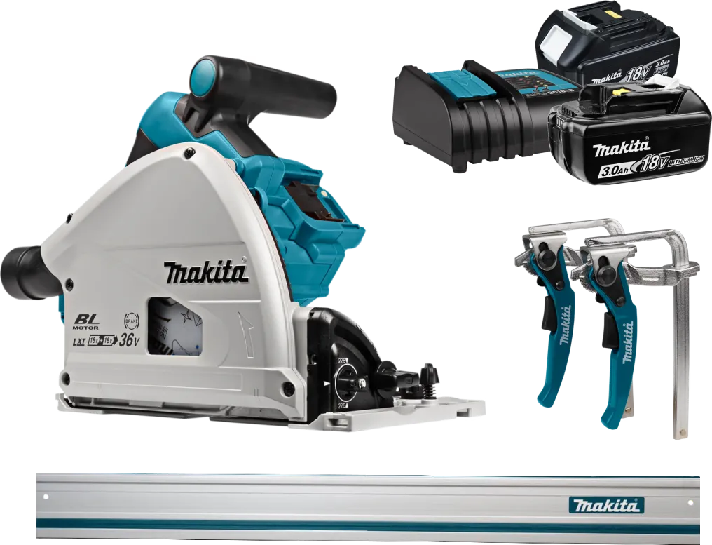 Makita DSP600ZJ + 3,0 Ah accu (2x) en lader + geleiderail