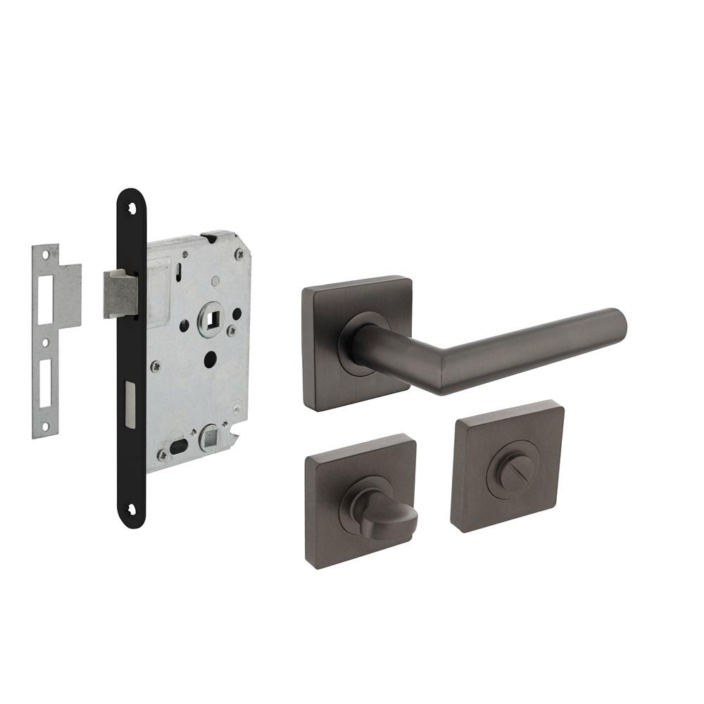 Intersteel Set toiletslot 63/8mm zwart met deurkruk Bastian op rozet 55x55mm en WC-sluiting antraciet grijs
