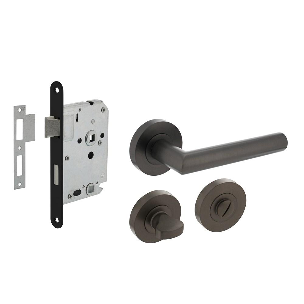 Intersteel Set toiletslot 63/8 zwart met deurkruk Bastian op rozet ø52x10mm en WC-sluiting antraciet grijs