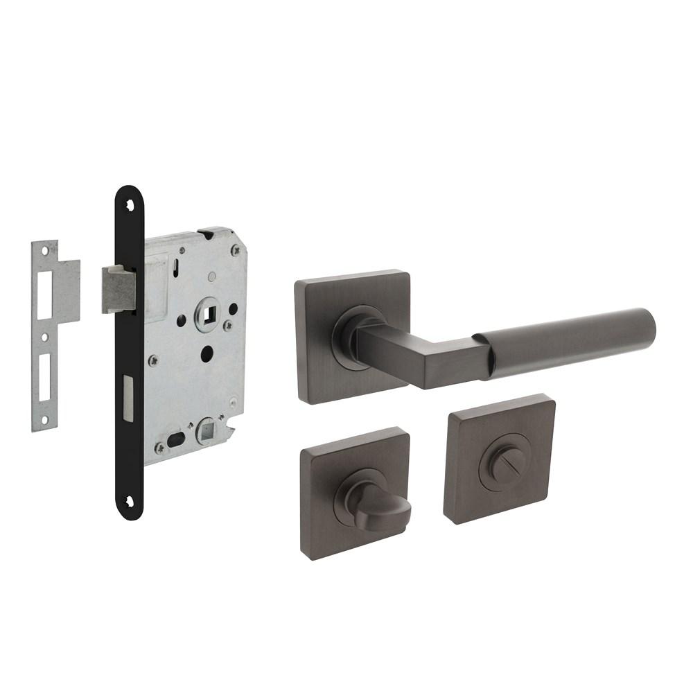 Intersteel Set toiletslot 63/8mm zwart met deurkruk Baustil op rozet 55x55mm en WC-sluiting antraciet grijs