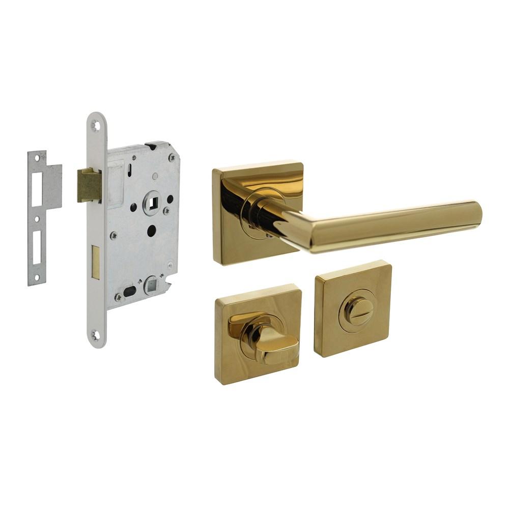 Intersteel Set toiletslot 63/8mm wit met deurkruk Bastian op rozet 55x55mm en WC-sluiting PVD messingkleur