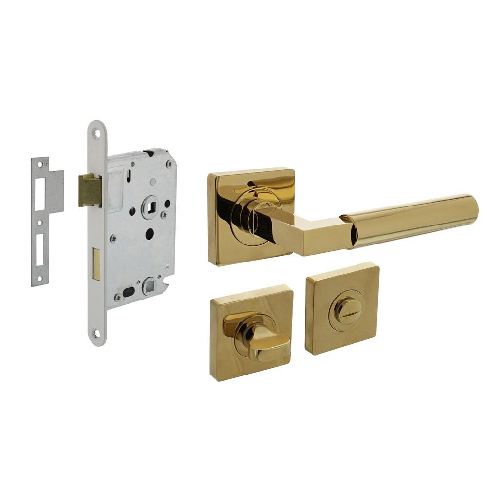 Intersteel Set toiletslot 63/8mm wit met deurkruk Baustil op rozet 55x55mm en WC-sluiting PVD messingkleur