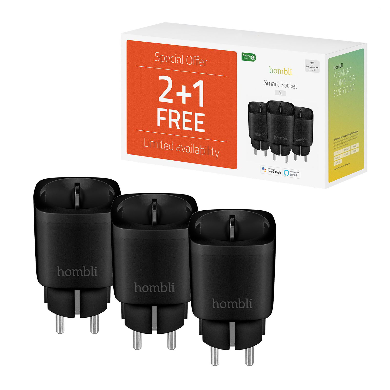 Hombli EU Smart Socket Promo Pack 2-plus-1 Black Stekker - 