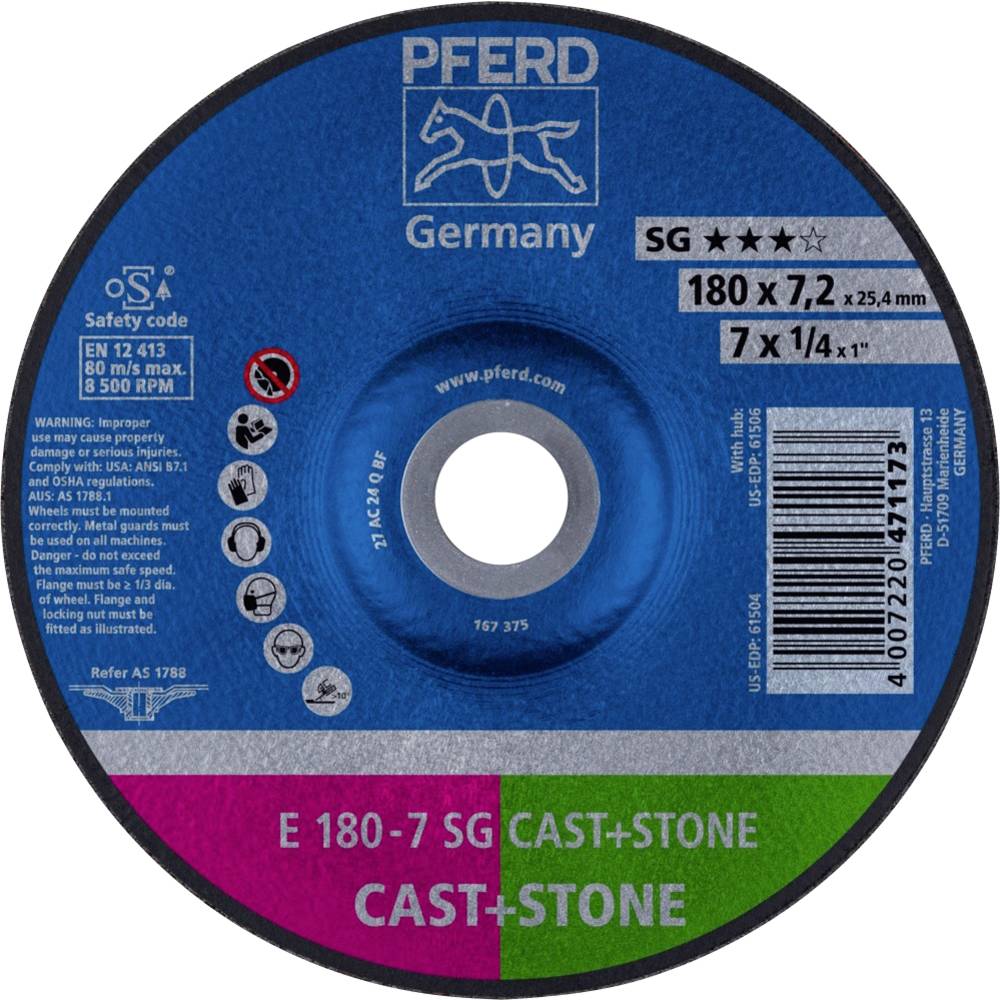 PFERD TOOLS 62917625 E 180-7 SG CAST+STONE Afbraamschijf gebogen Diameter 180 mm Boordiameter 22.23 mm Aluminium legering, Gietijzer, Giethuid, Beton, Titanium