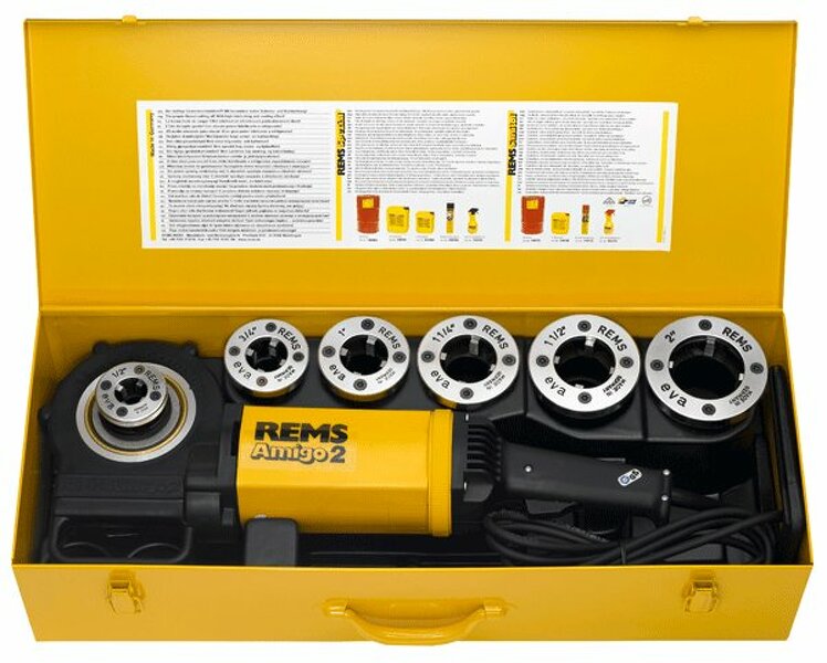 Rems Amigo 2 Set R 1/2-3/4-1-1 1/4-1 1/2-2Draadsnijmachine Incl. Snelwisselsnijkoppen In Stalen Koffer