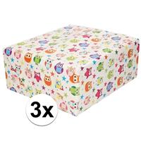 Shoppartners 3x Inpakpapier/cadeaupapier wit en gekleurde uiltjes 200 x 70 cm Multi