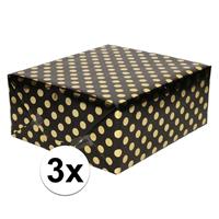3x Zwart folie inpakpapier/cadeaupapier gouden stip 200 x 70 cm Zwart