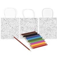 3x Knutsel papieren tasjes om in te kleuren incl. 24 potloden Wit