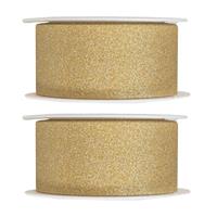 Santex 2x Hobby/decoratie gouden sierlinten met glitters 3 cm/30 mm x 5 meter - Cadeaulinten