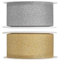 Santex 2x Hobby/decoratie zilver en gouden sierlinten met glitters 3 cm/30 mm x 5 meter -