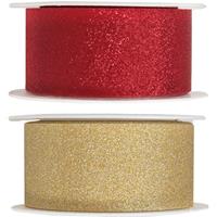 Santex 2x Hobby/decoratie rood en gouden sierlinten met glitters 3 cm/30 mm x 5 meter -
