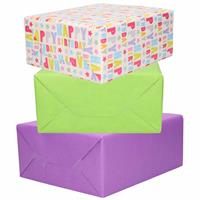 Bellatio 3x Rollen kraft inpakpapier paars/groen/happy birthday 200 x 70 cm -