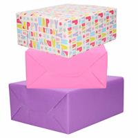 Bellatio 3x Rollen kraft inpakpapier roze/paars/happy birthday 200 x 70 cm -