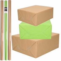 Shoppartners 10x Rollen kraft inpakpapier/kaftpapier pakket bruin/groen 200 x 70 cm -