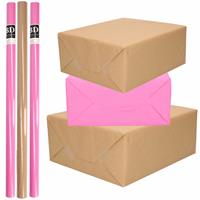 Shoppartners 10x Rollen kraft inpakpapier/kaftpapier pakket bruin/roze 200 x 70 cm -