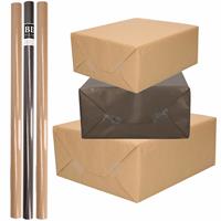 Shoppartners 10x Rollen kraft inpakpapier/kaftpapier pakket bruin/zwart 200 x 70 cm -