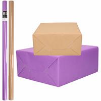 Shoppartners 4x Rollen kraft inpakpapier/kaftpapier pakket bruin/paars 200 x 70 cm -
