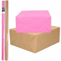 Shoppartners 4x Rollen kraft inpakpapier/kaftpapier pakket bruin/roze 200 x 70 cm -