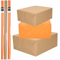 Shoppartners 8x Rollen kraft inpakpapier/kaftpapier pakket bruin/oranje 200 x 70 cm -
