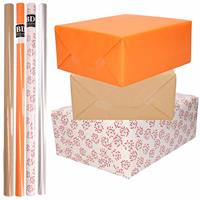 Shoppartners 8x Rollen transparant folie/inpakpapier pakket - oranje/bruin/wit met hartjes 200 x 70 cm -