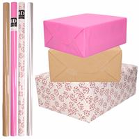 Shoppartners 8x Rollen transparant folie/inpakpapier pakket - roze/bruin/wit met hartjes 200 x 70 cm -