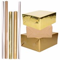 Shoppartners 12x Rollen kraft inpakpapier goud/transparant pakket - goud/cellofaan/bruin 500 x 70 cm - 400 x 50 c -