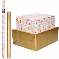 Bellatio 6x Rollen kraft inpakpapier happy birthday pakket - goud 200 x 70/50 cm -