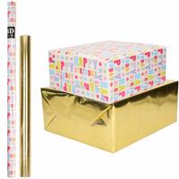 Shoppartners 6x Rollen kraft inpakpapier happy birthday pakket - metallic goud 200 x 70/50 cm -