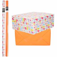 Bellatio 6x Rollen kraft inpakpapier happy birthday pakket - oranje 200 x 70 cm -