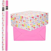 Bellatio 6x Rollen kraft inpakpapier happy birthday pakket - roze 200 x 70 cm -