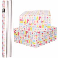 Bellatio 6x Rollen kraft inpakpapier happy birthday pakket - transparante folie 200 x 70 cm -