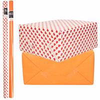 Bellatio 4x Rollen kraft inpakpapier liefde/rode hartjes pakket - oranje 200 x 70 cm -