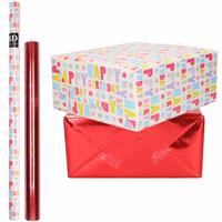 Bellatio 8x Rollen kraft inpakpapier happy birthday pakket - metallic rood 200 x 70/50 cm -