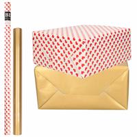 Bellatio 4x Rollen kraft inpakpapier liefde/rode hartjes pakket - mat goud 200 x 70/50 cm -
