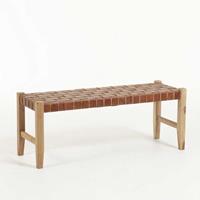 4Home Holzbank mit brauner Sitzfläche aus Echtleder 120 cm breit