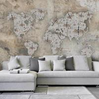 Bilderwelten Tapete Betonoptik - Shabby Uhren Weltkarte - Vlies Fototapete Breit Größe HxB: 225cm x 336cm