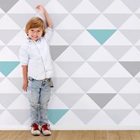 Bilderwelten Mustertapete für Kinderzimmer - No.YK64 Dreiecke Grau Weiß Türkis - Vliestapete Quadrat Größe HxB: 288cm x 288cm