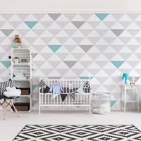 Bilderwelten Mustertapete für Kinderzimmer - No.YK64 Dreiecke Grau Weiß Türkis - Vliestapete Breit Größe HxB: 225cm x 336cm