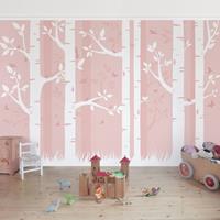 Bilderwelten Kindertapete Wald - Rosa Birkenwald mit Schmetterlingen und Vögel - Vlies Fototapete Breit Größe HxB: 225cm x 336cm