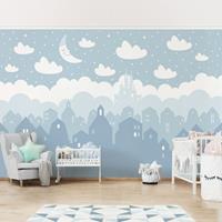 Bilderwelten Vliestapete Kinderzimmer - Sternenhimmel mit Häusern und Mond in blau - Fototapete Breit Größe HxB: 190cm x 288cm