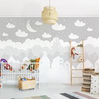 Bilderwelten Vliestapete Kinderzimmer - Sternenhimmel mit Häusern und Mond in grau - Fototapete Breit Größe HxB: 190cm x 288cm