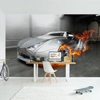 Bilderwelten Kindertapete - Supercar in Flammen - Vlies Fototapete Breit Größe HxB: 225cm x 336cm