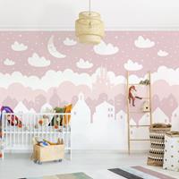 Bilderwelten Vliestapete Kinderzimmer - Sternenhimmel mit Häusern und Mond in rosa - Fototapete Breit Größe HxB: 190cm x 288cm