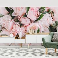 Bilderwelten Fototapete - Rosa Pfingstrosen mit Blättern - Fototapete Breit Größe HxB: 225cm x 336cm