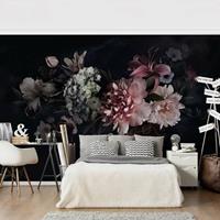 Bilderwelten Fototapete - Blumen mit Nebel auf Schwarz - Fototapete Breit Größe HxB: 225cm x 336cm