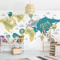 Bilderwelten Vliestapete Kinderzimmer - Weltkarte mit Heißluftballon - Fototapete Breit Größe HxB: 190cm x 288cm